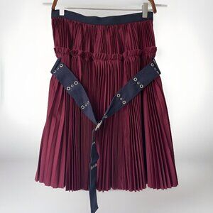 Sacai Womens Classic Pleated Belted Skirt in Bordeaux M Designer Statement Piece